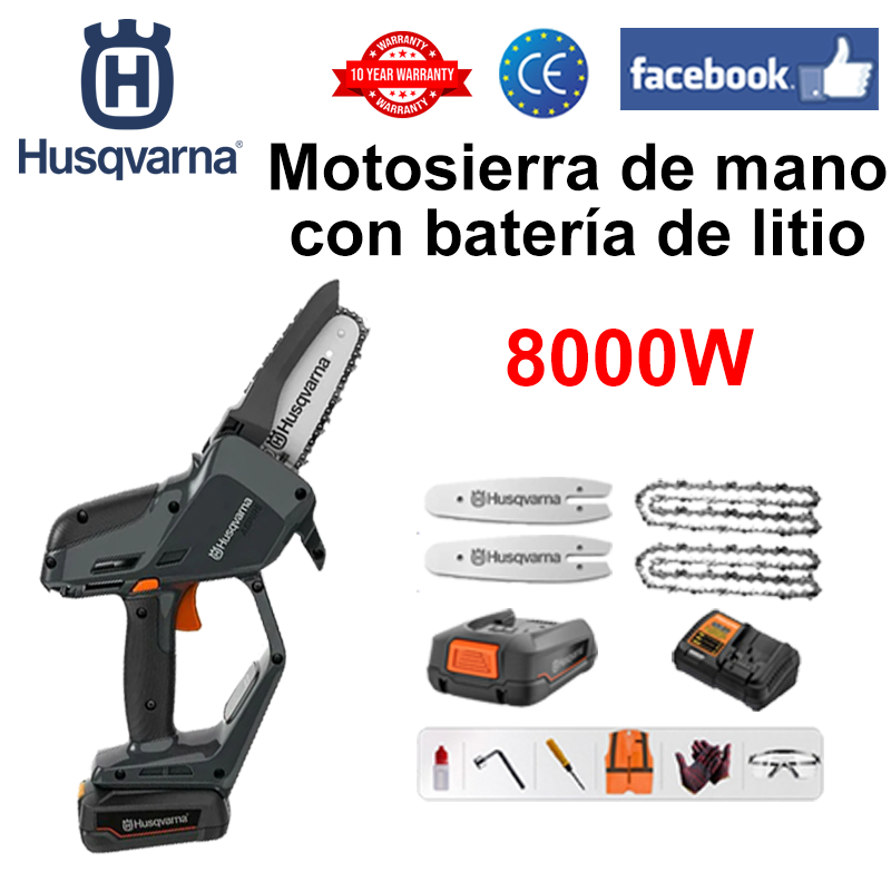 (10 horas de duración de la batería) Motosierra de litio de 8000 W + batería *1 + cargador + barra guía *2 + cadena *2 + caja de herramientas + lubricante + gafas de protección, 3 años de garantía