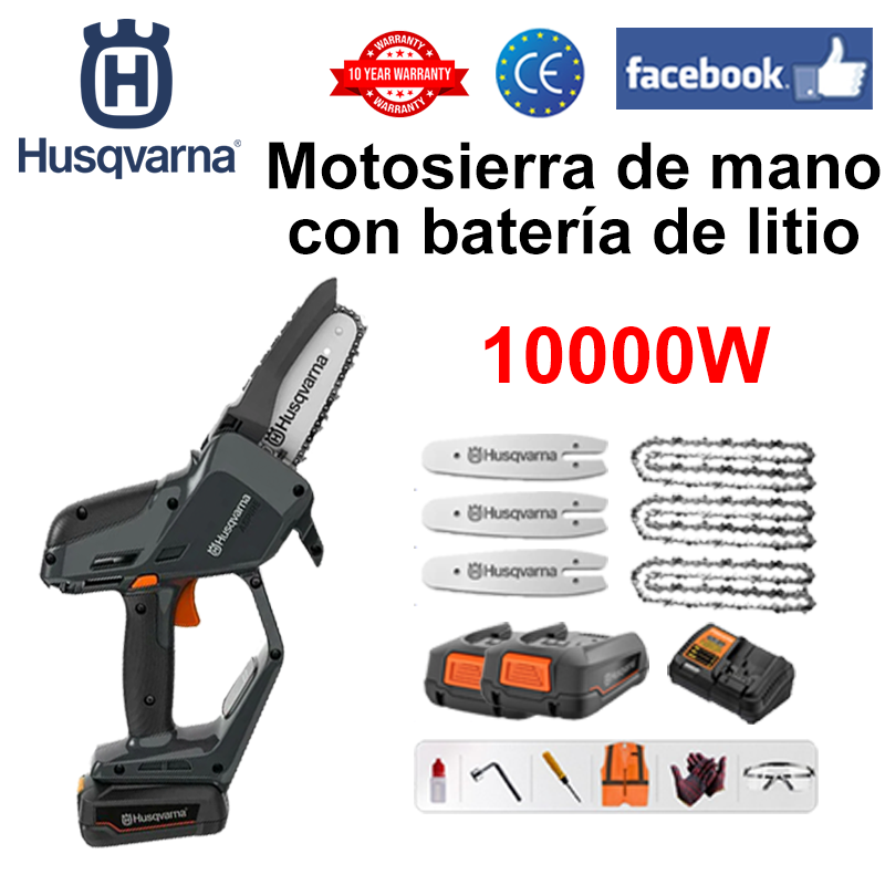 (16 horas de duración de la batería) Sierra eléctrica de litio de 10000W + batería * 2 + cargador + placa guía de luz * 3 + cadena * 3 + caja de herramientas + lubricante + gafas de protección, 3 años de garantía