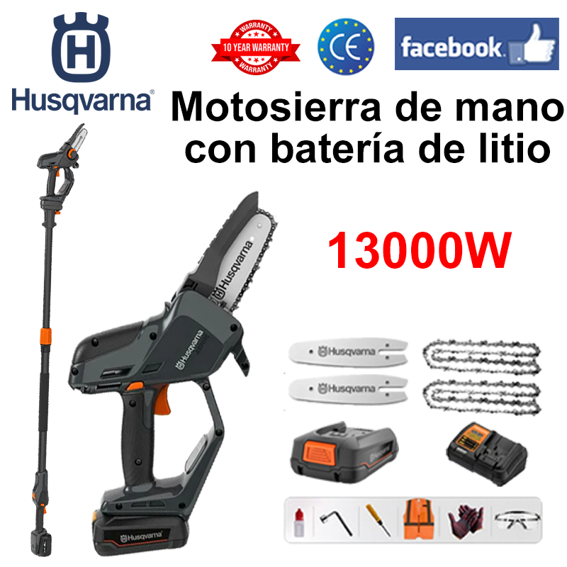 [Poste de extensión: 1,5 M ~ 4,6 M] Pantalla LED de potencia - (duración de la batería 10 horas) Sierra eléctrica de litio de 13000 W + batería * 1 + cargador + barra guía * 2 + cadena * 2 + caja de herramientas + lubricante + gafas protectoras, 3 años de garantía